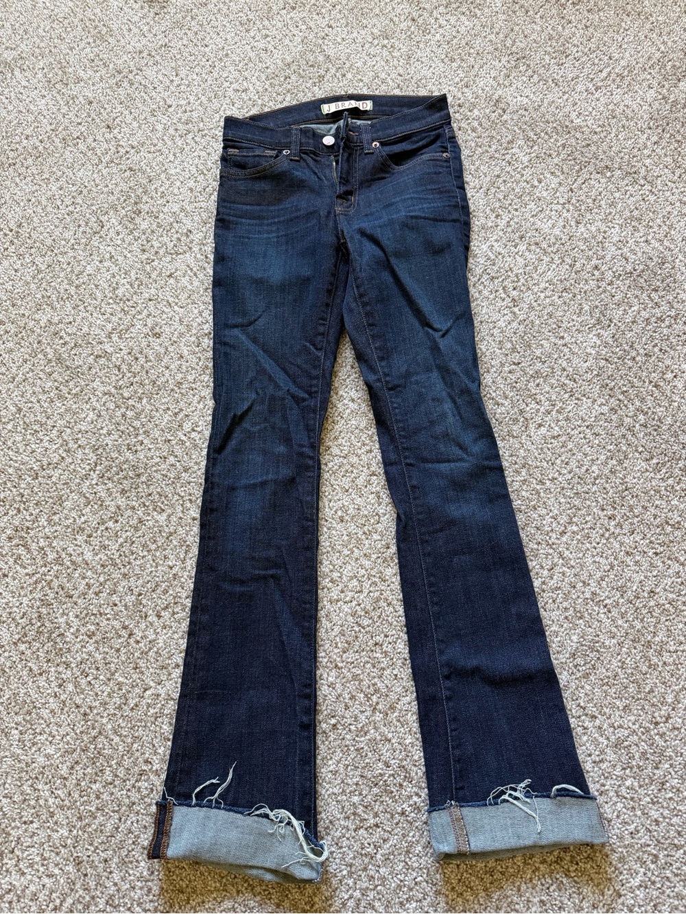 J Brand Dark Blue Flare Jeans with Raw Cuff